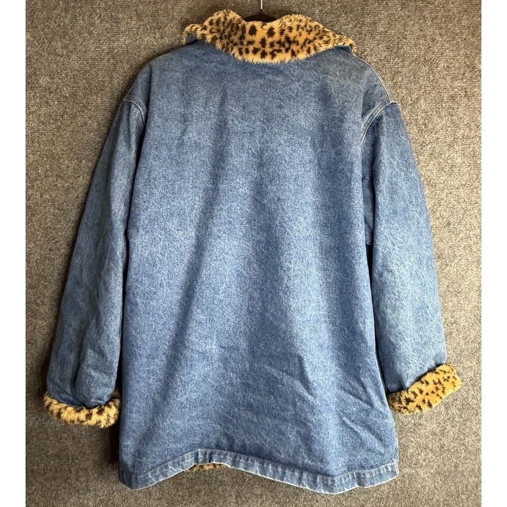 VINTAGE 70s Denim Jacket Lew Magram Cheetah Print Faux Fur Trim Collared Size L - Picture 8 of 8